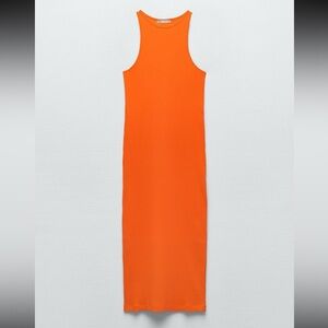 Tight Orange Ribbed Midi Zara Dress - L
